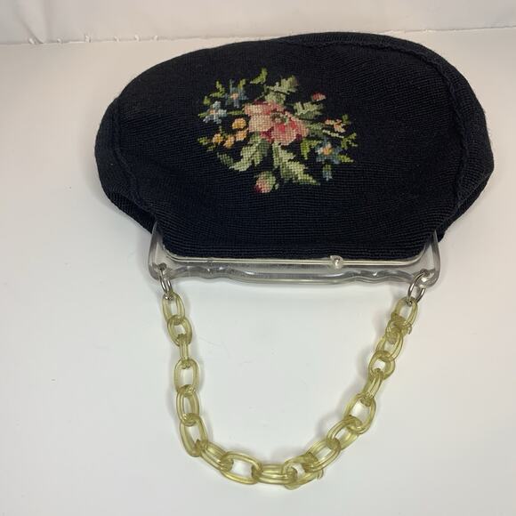 Vtg Needlepoint Purse Handbag Floral Tapestry Acrylic Lucite Close Chain 1950s - Picture 5 of 13